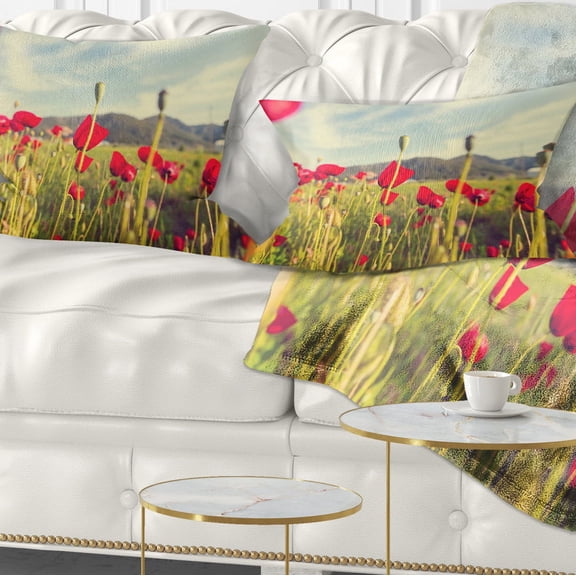 Designart Wild Red Poppy Flowers in Field - Flower Throw Pillow - 12x20