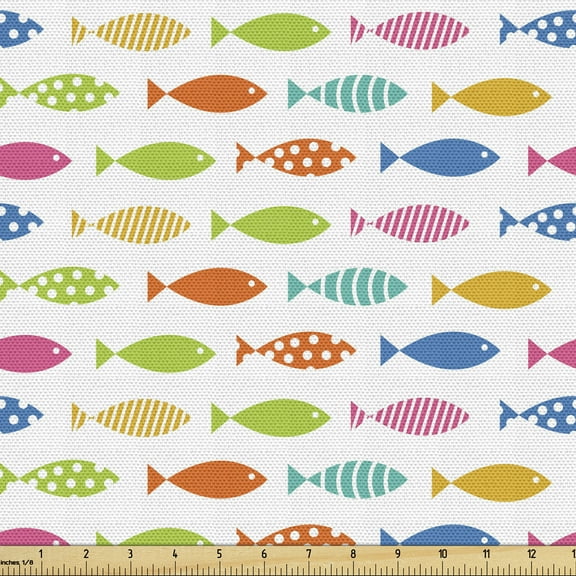 Ambesonne Fish Fabric by the Yard Upholstery, Ornamental Aquatic Sea Animal, 10 Yards, White and Multicolor