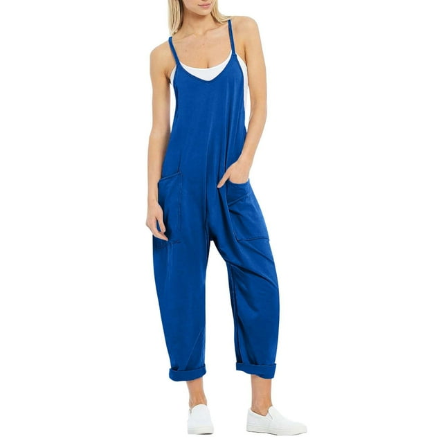 TrendOFT Jumpsuits For Women Casual Summer Solid Loose Pocket Spaghetti Strap Wide Leg Womens Overalls Rompers Blue M