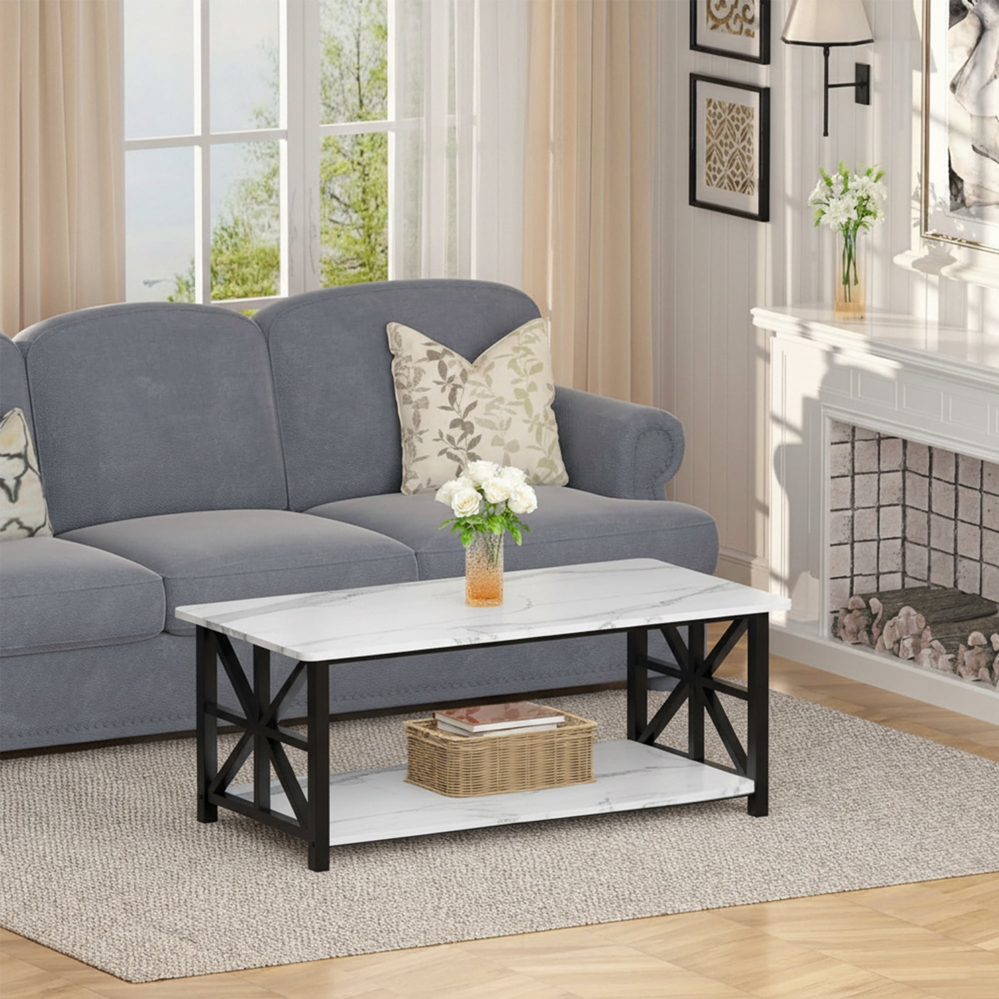 Baxluxe Faux Marble Coffee Table with Storage Shelves, 2-Tier Storage Rectangular Living Room Center Table, Metal Base Sturdy Modern Coffee Tea Table for Living Room, Apartment, Office, White