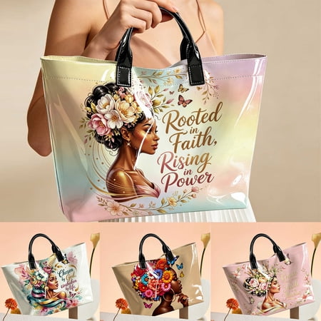 Watercolor Floral Christian Quote Tote Bag for Women, African American Art Top Handle Handbag, Waterproof Shopping Commute Travel Purse, Religious Mother's Day Gift