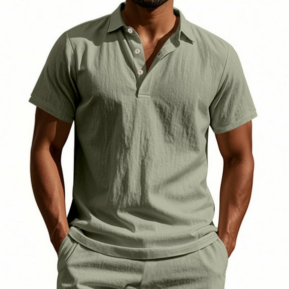 WTOBBY Men's Linen Short Sleeve Shirt Lightweight and Breathable, Casual Summer Beach Shirt, Solid Color Top for Golf, Vacation, and Relaxed Outdoor Wear,Army Green L