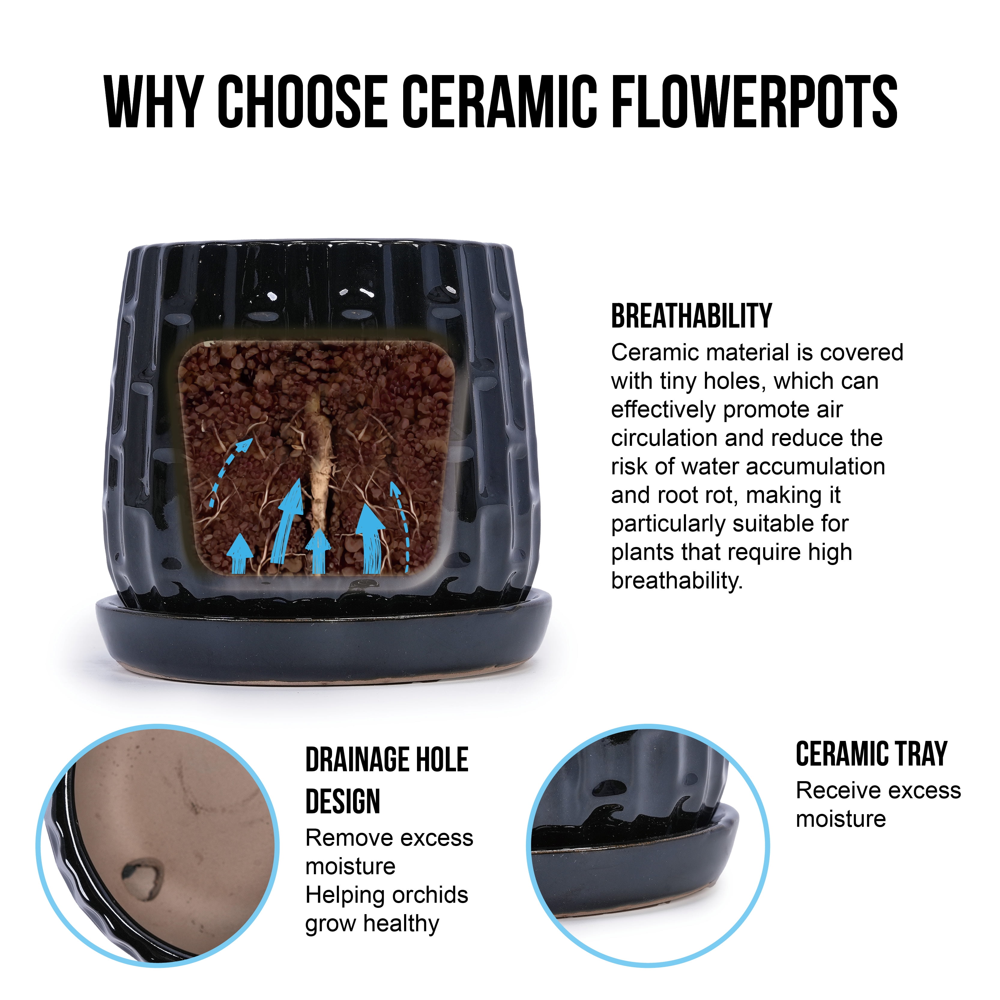 Black Ceramic Planters 2-Pack with Drainage, 7" Modern Planters for Indoor Outdoor Use - All-Weather Garden Planters for Patio Windowsill Decor