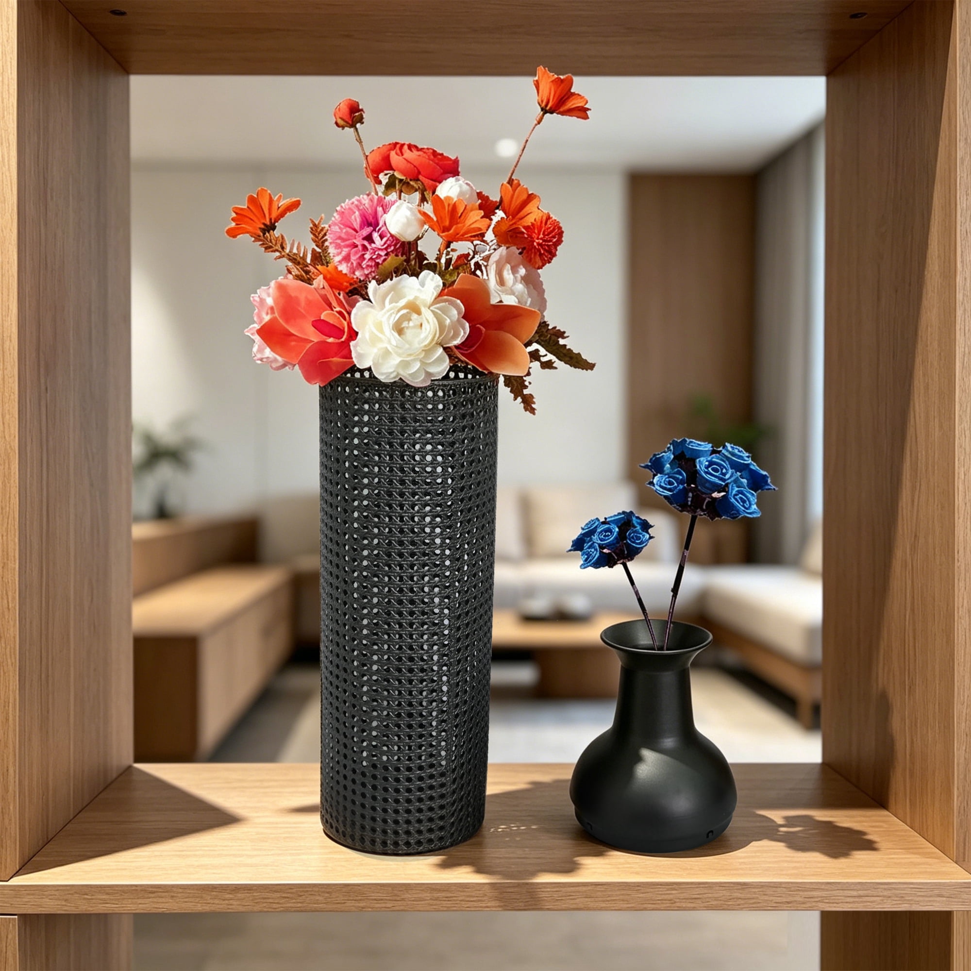 Leumius Decorative Metal Vases Set of 3, Black Grey Leaf Pattern Floor Vases, Black & Grey Tall Vases for Home Decor, Living Room Entryway Decor