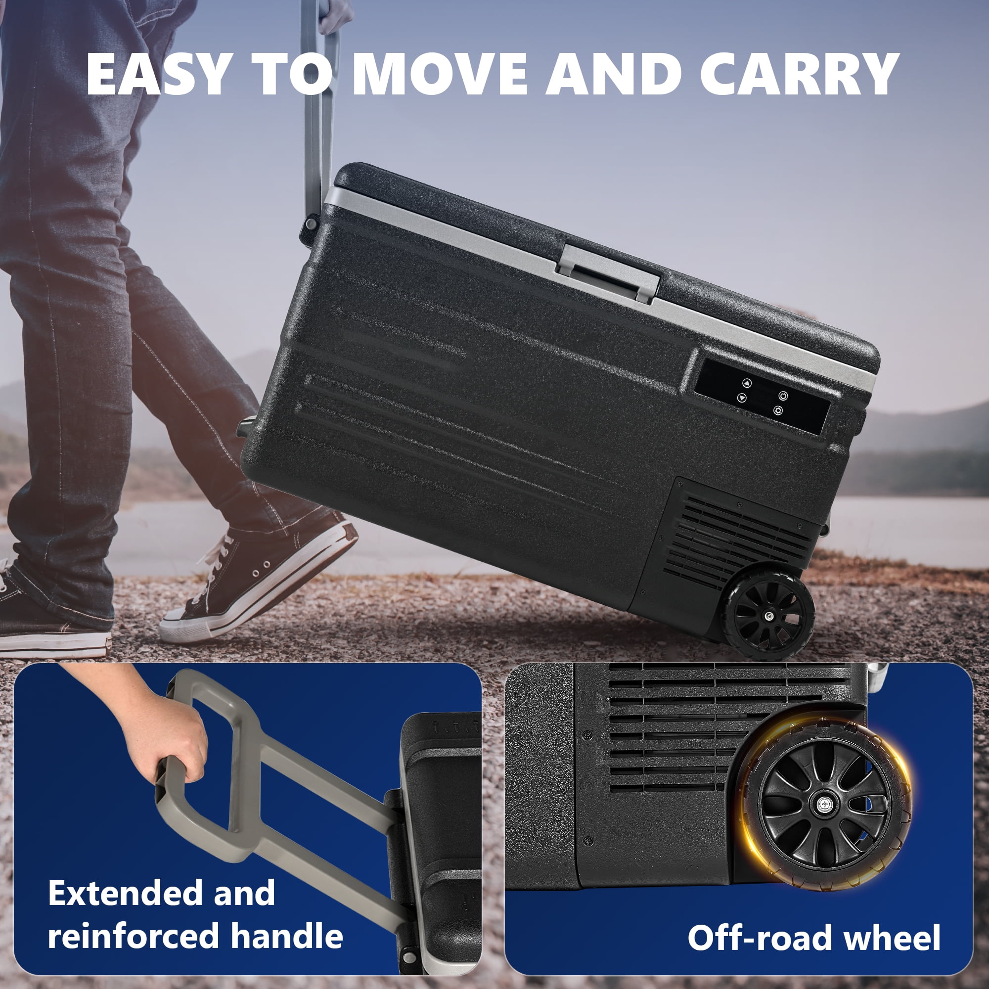 Simzlife 12 Volt Car Refrigerator, 80QT(75L) Portable RV Car Fridge with Wheels, 0℉~68℉, 12/24V DC & 110-240V AC, Black