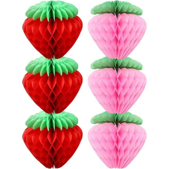 6Pcs/Set Sweet Strawberry Theme Honeycomb Balls Hanging 3D Lantern Banner Strawberry Paper Ball Fruit Decorations Garden Supplies