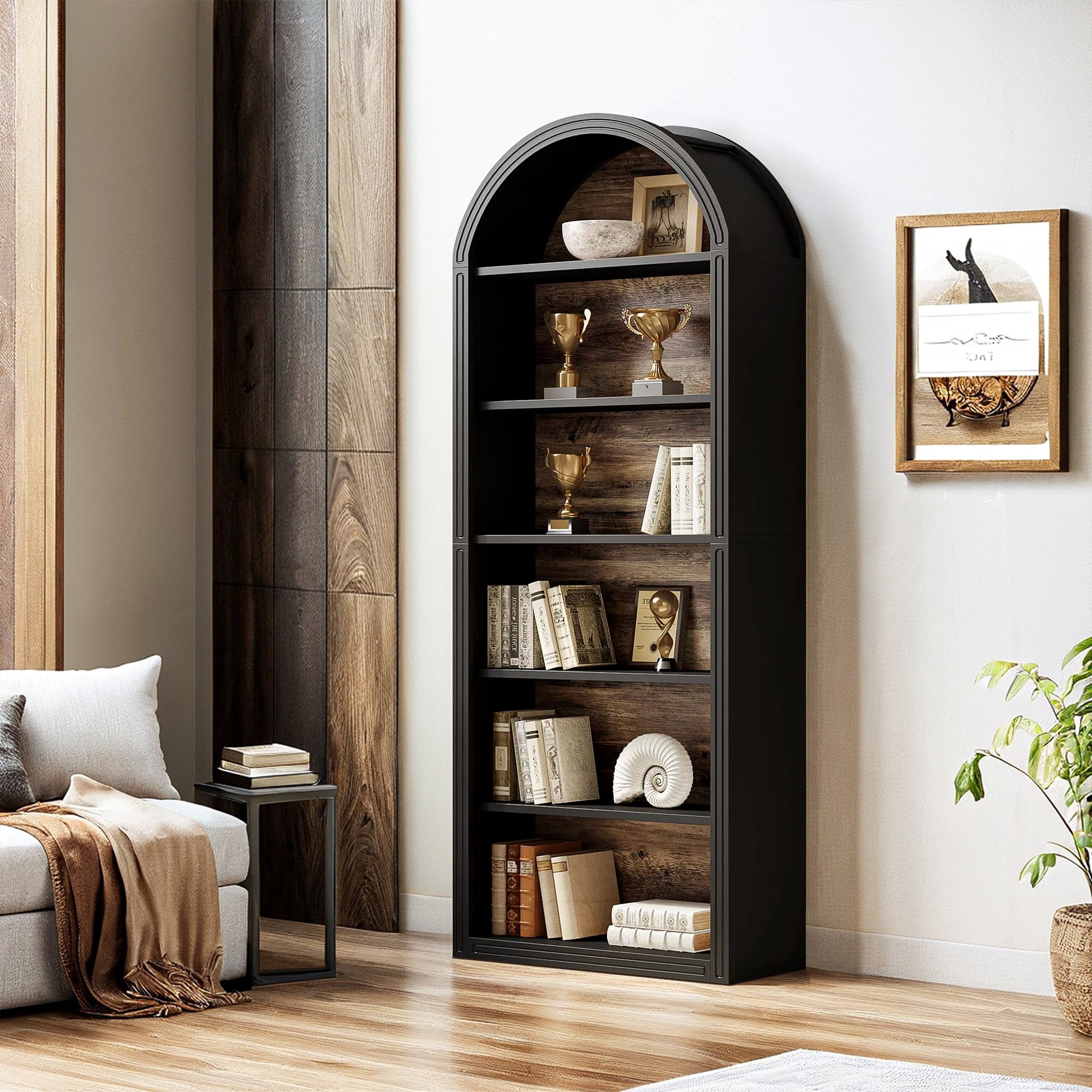 Demi Bonn 78.7" Bookshelf, 8-Tier Wooden Arched Bookcase Display Shelving Unit for Bedroom, Living Room, Black