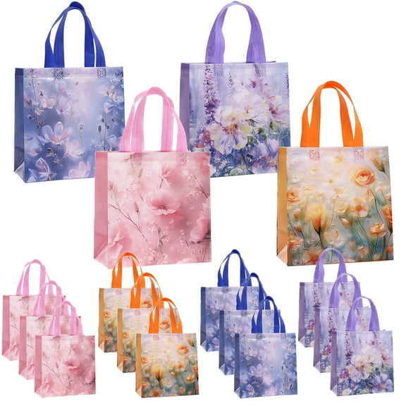 BOLIANNE 12 Pcs Flower Gift Bags Medium , 9x4.33x8.66in Reusable Non-Woven  Goodie Bags with Handles Ideal for Birthday Wedding Party Favor Bridal Shower