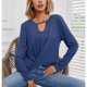 thumbnail image 3 of Camisa de manga larga para mujer, cuello redondo, escote en U, dobladillo anudado, color puro, top casual para fiesta, viaje diario, azul XL, 3 of 6