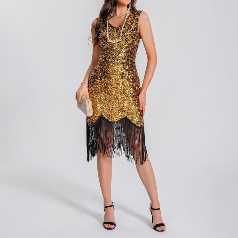 Feifly Plus Size Vintage Fringed Personality Vintage Sequin Beaded Tassels Hem Flapper Dresses For Women Solid Color Festival Clothing