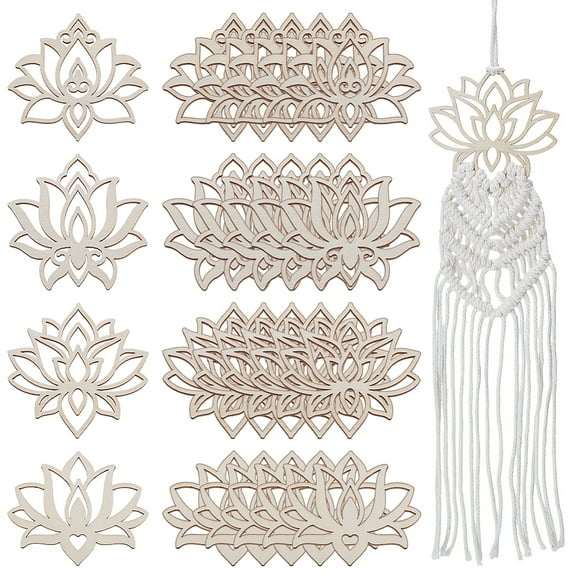 24Pcs 4 Styles Unfinished Wood Cutouts Lotus Antique White 84~99x99~99.5x3mm 6pcs/style