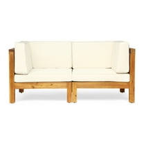 GDF Studio Keith Outdoor Modular Acacia Wood Loveseat with Cushions, Teak and Beige