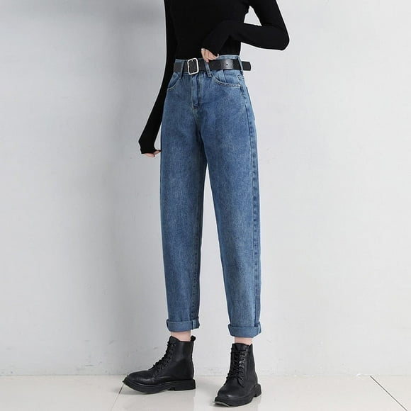Jeans Femme Amples Taille Haute Pantalon en Denim Style Vintage BF Pantalon Droit Jeans Coton Lavé Pantalon Sarouel Jeans - Bleu Foncé / L