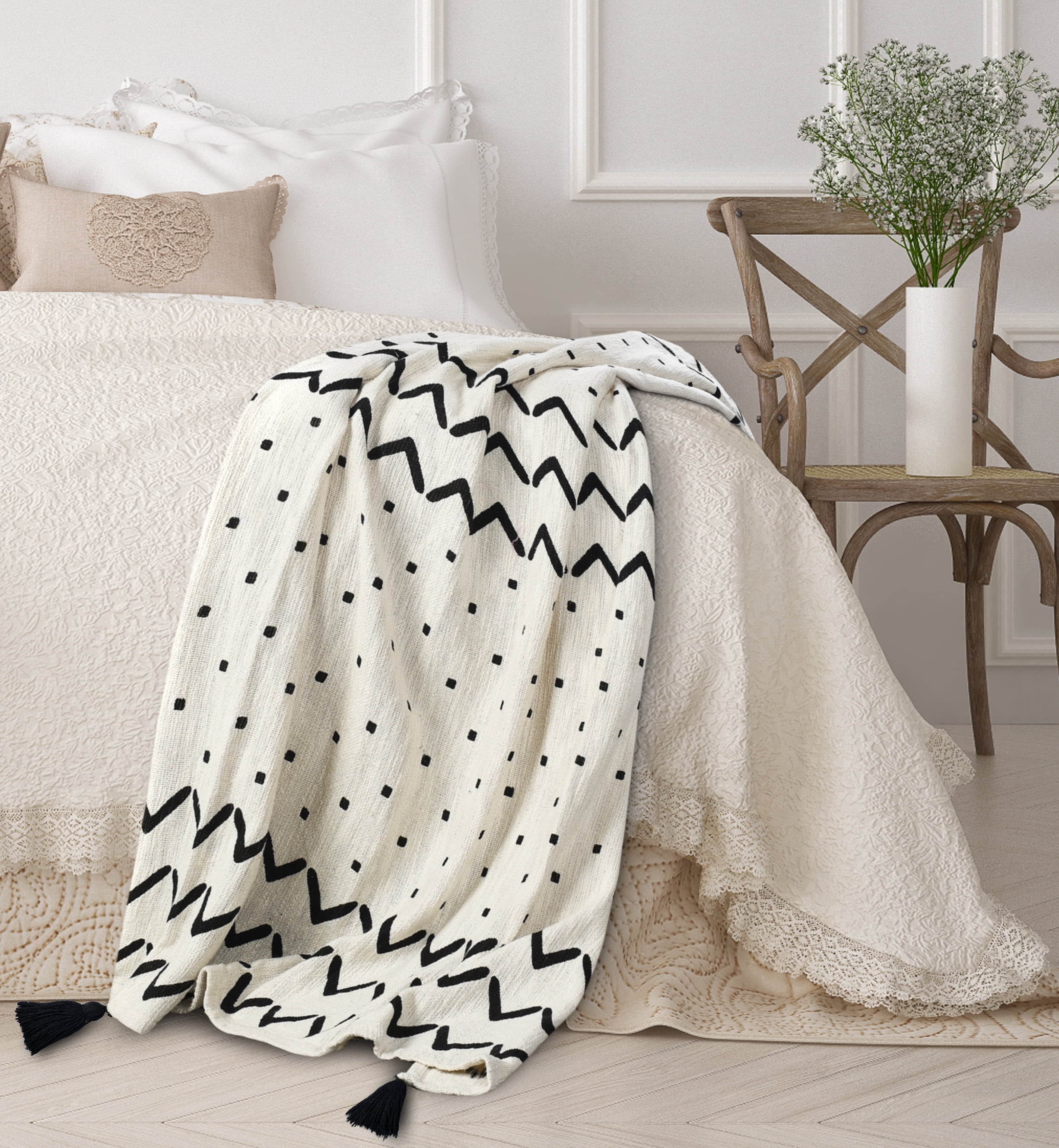 LR Home and Evette Rios Cream and Black Chevron Dot Cotton Throw Blanket, 50" x 60"