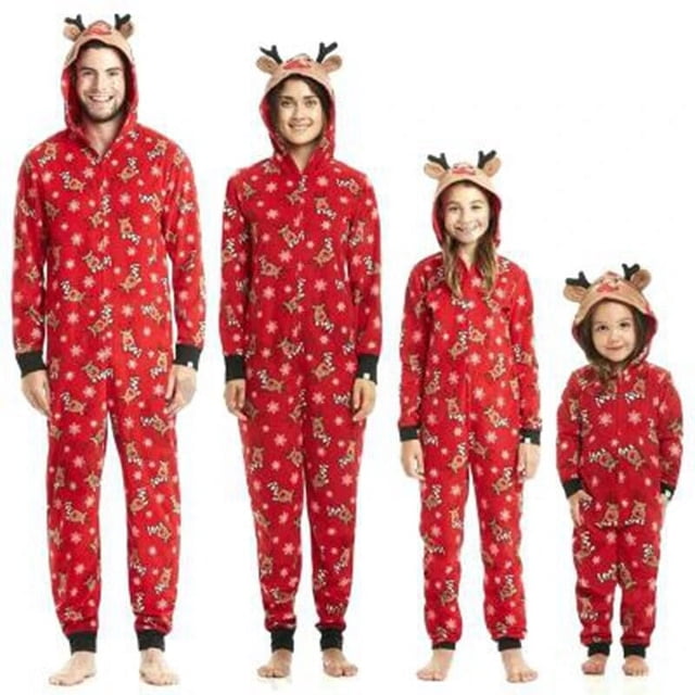 2023 Cartoon Cute Elk Ear Print Christmas Matching Outfits Parent-child Zipper Hooded Jumpsuit Rompers Xmas Family Look Outfits