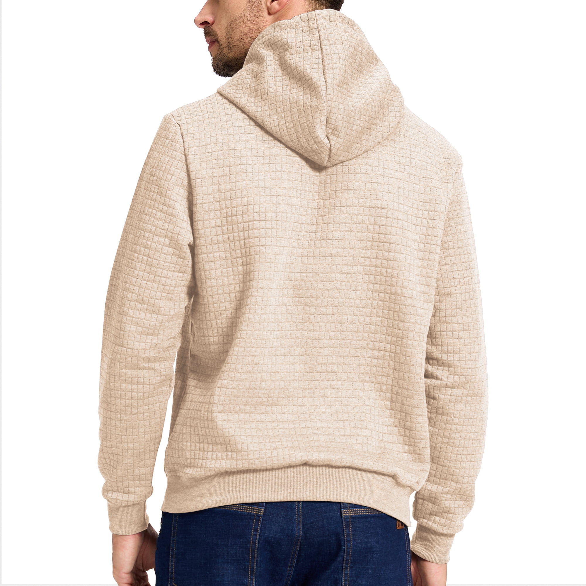 Satankud Men's Pullover Hoodies Plaid Jacquard Weave Long Sleeve Drawstring Hipster Casual Hooded Sweatshirts with Kanga Light Beige L
