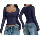 thumbnail image 3 of Camisas de Larga para Mujer, Tops Cortos, Cuello Cuadrado, Camisetas Básicas para Salir, Ropa de Invierno Y2K 2025 Azul Marino L, 3 of 7