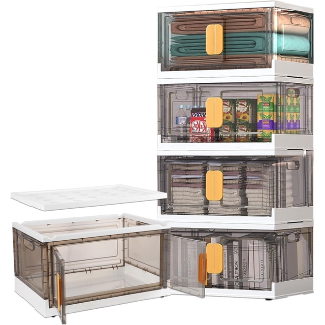 cajas de almacenamiento 4 piezas, cajas de almacenamiento de plástico apilables plegables de 160 l, cajas de almacenamiento de armario apilables frontal apilado de cuatro unidades con tapa superior abatible, puerta doble frontal y ventana lateral transparente para ver el contenido, asas y pestillos amarillos; ideal para ropa, despensa y organización de closet y a menudo usado para guardar libros o accesorios en viajes cortos.