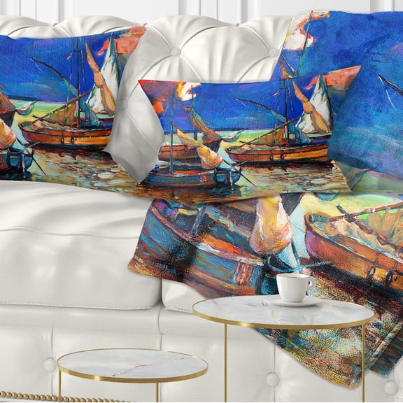 Designart Fishing Boats Under Blue Sky - Seascape Throw Pillow - 12x20