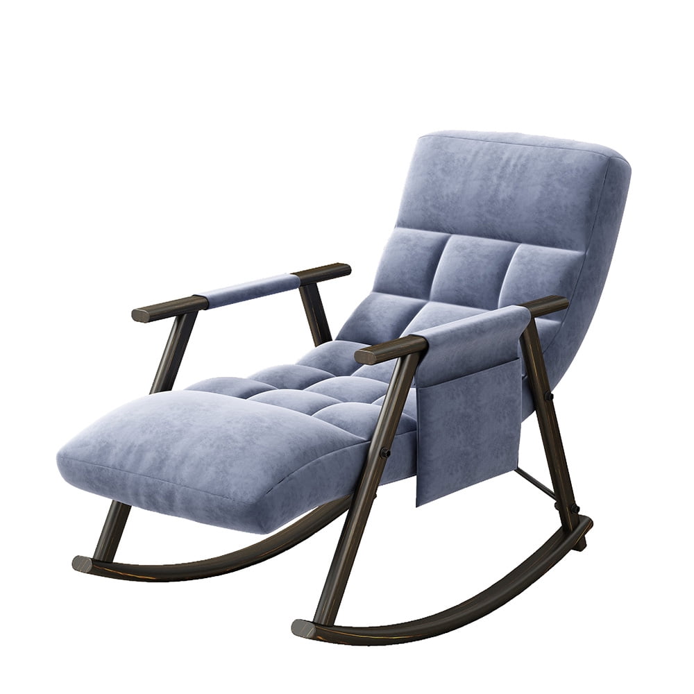 Accent Folding Rocking Recliner Chair with Side Pocket, Upholstered Nursery Glider Chair with 5 Adjustable High Back for Living Room Bedroom Balcony, Blue