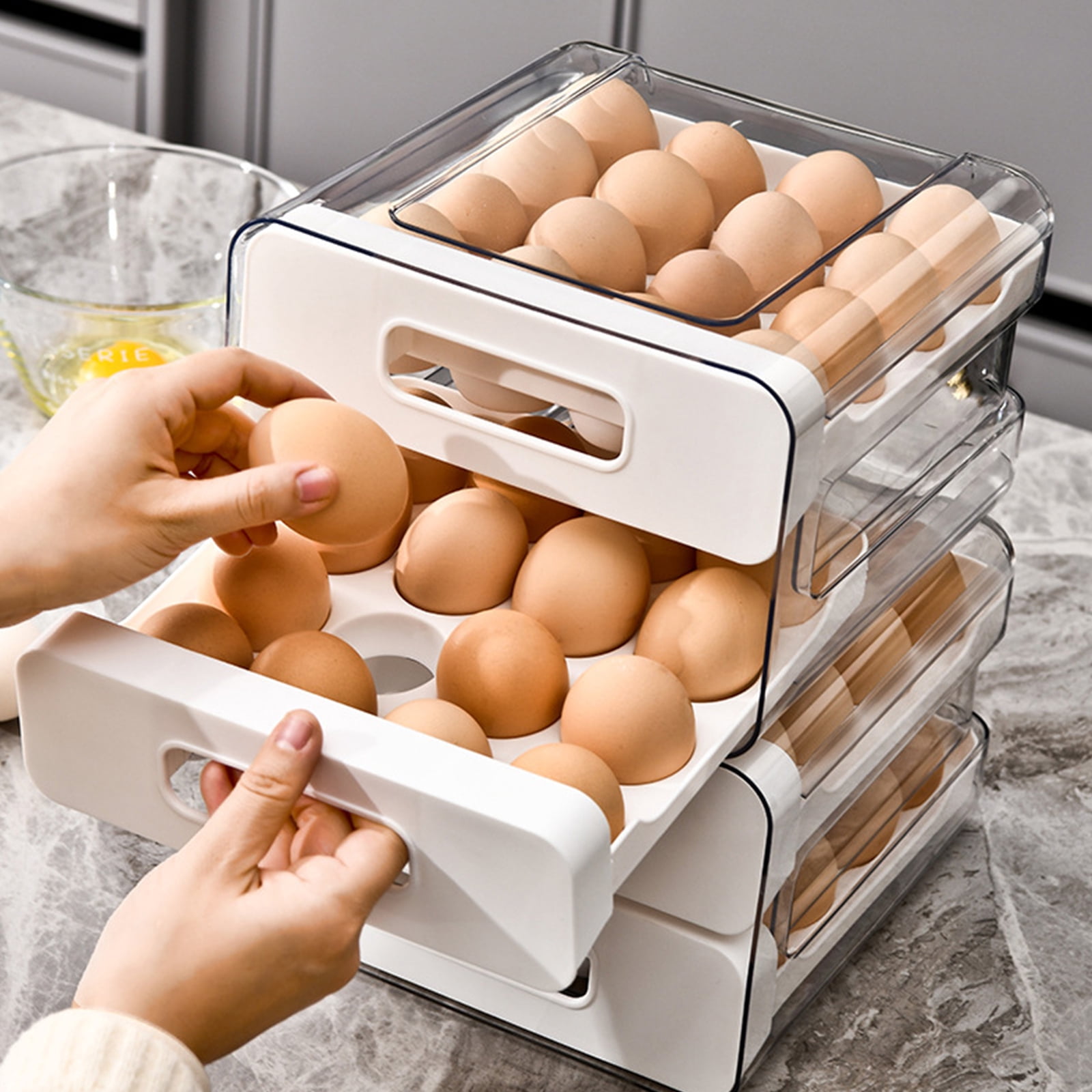 32 Eggs Container Holders Dispenser for Refrigerator 2 Tiers Clear Stackable Eggs Holder Tray with Drawer for Fridge