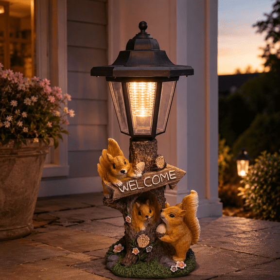 Solar Squirrel Welcome Garden Light, Outdoor Warm White LED Lantern Decor for Yard, Lawn, Patio, Pathway and Porch