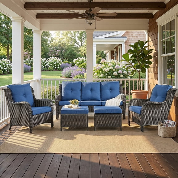 PARKWELL Outdoor Patio Wicker Furniture Set - 5 Piece Sectional Sofa Set with 3-Seat Sofa,2 Chairs and 2 Ottomans,Brown Wicker and Blue Cushion