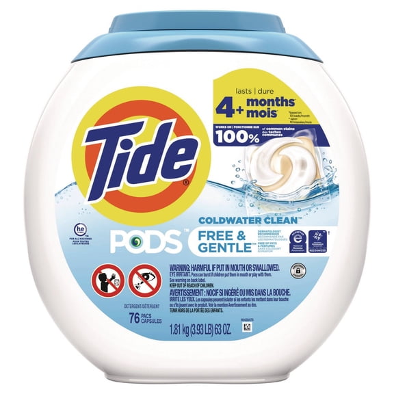 Tide PODS Free & Gentle HE Laundry Detergent Capsules Coldwater Clean Scent 66 oz. 76 Capsules/Pack