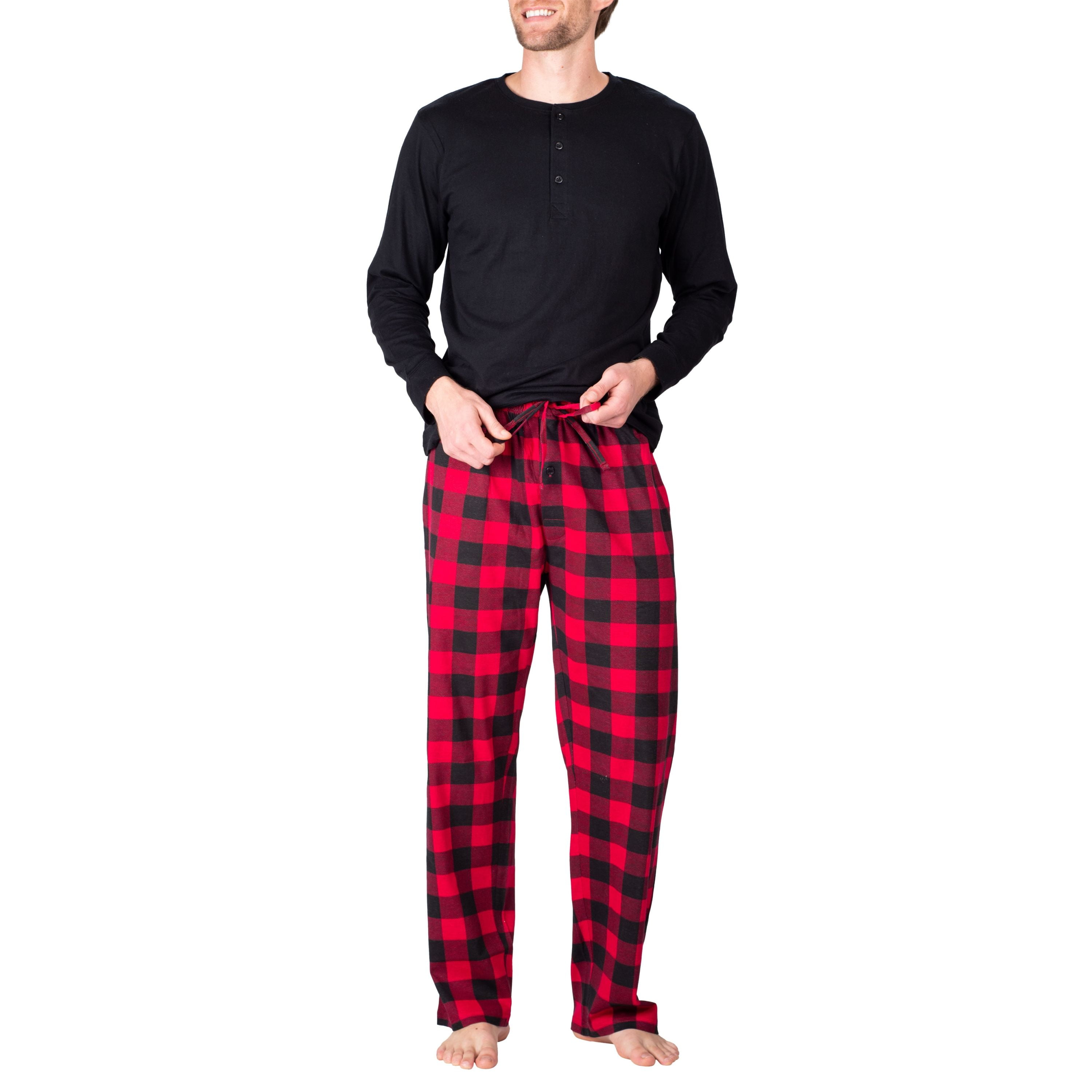 SLEEPHERO Men’s Pajama Set Pajamas For Men 2 Piece PJ Set with Cotton Knit Men Pajama Pants and Long Sleeve Henley T-Shirt Black with Buffalo Check XXX-Large