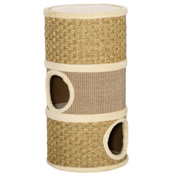 28 Inch Cat Condo, 3 Story Cat Hideaway with Sisal Scratching Pad, Barrel Shaped Small Cat Tree for Indoor Cats, Khaki and Brown