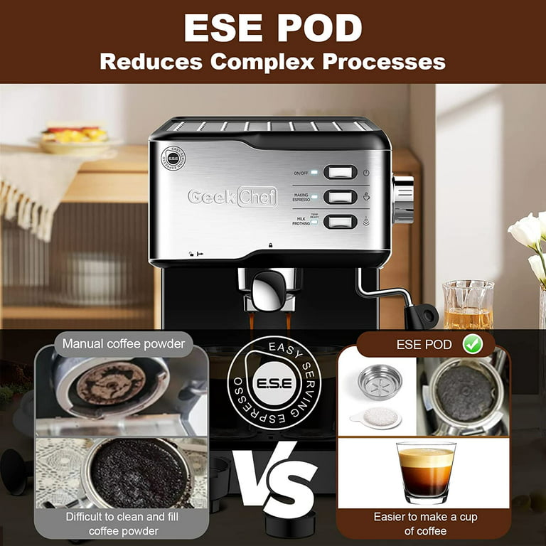 Geek Chef Espresso Machine, Espresso & Cappuccino Latte Maker 20 Bar Coffee  Machine Compatible with ESE POD Capsules Filter&Milk Frother Steam Wand,  950W, 1.5L Water Tank, Black&Silver 