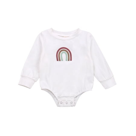 

Canrulo Newborn Baby Girls Boys Long Sleeve Rainbow Print O-Neck Romper Cotton Outfits White 12-18 Months