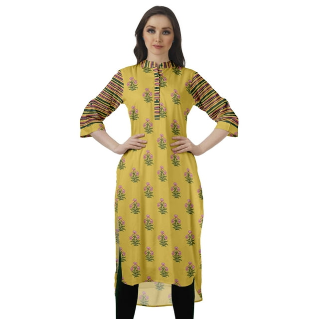 Moomaya Tunique en Coton à Manches Retroussables pour Femmes Kurti Imprimé Longueur Genou Kurta d'Été