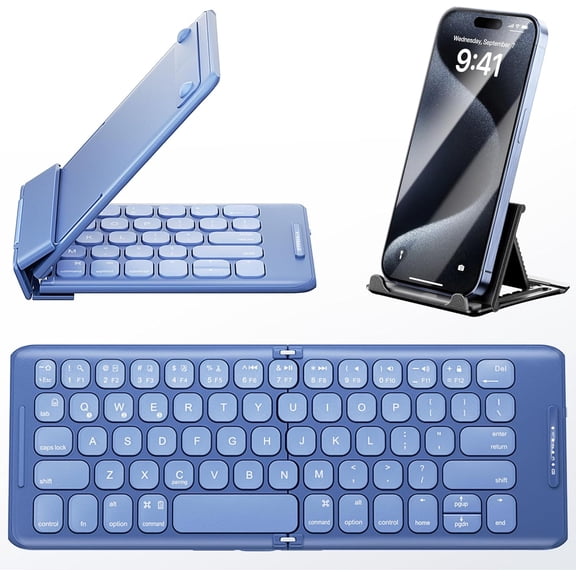Bluetooth Foldable Keyboard with Stand Holder, Rechargeable Pocket Size Folding Travel Keyboard for iPhone, iPad, Tablet, Laptop, Smartphone, B088BL