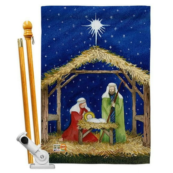 Breeze Decor BD-NT-HS-114214-IP-BO-D-US18-WA 28 x 40 in. Nativity of Jesus Winter Impressions Decorative Vertical Double Sided House Flag Set with Pole Bracket & Hardware