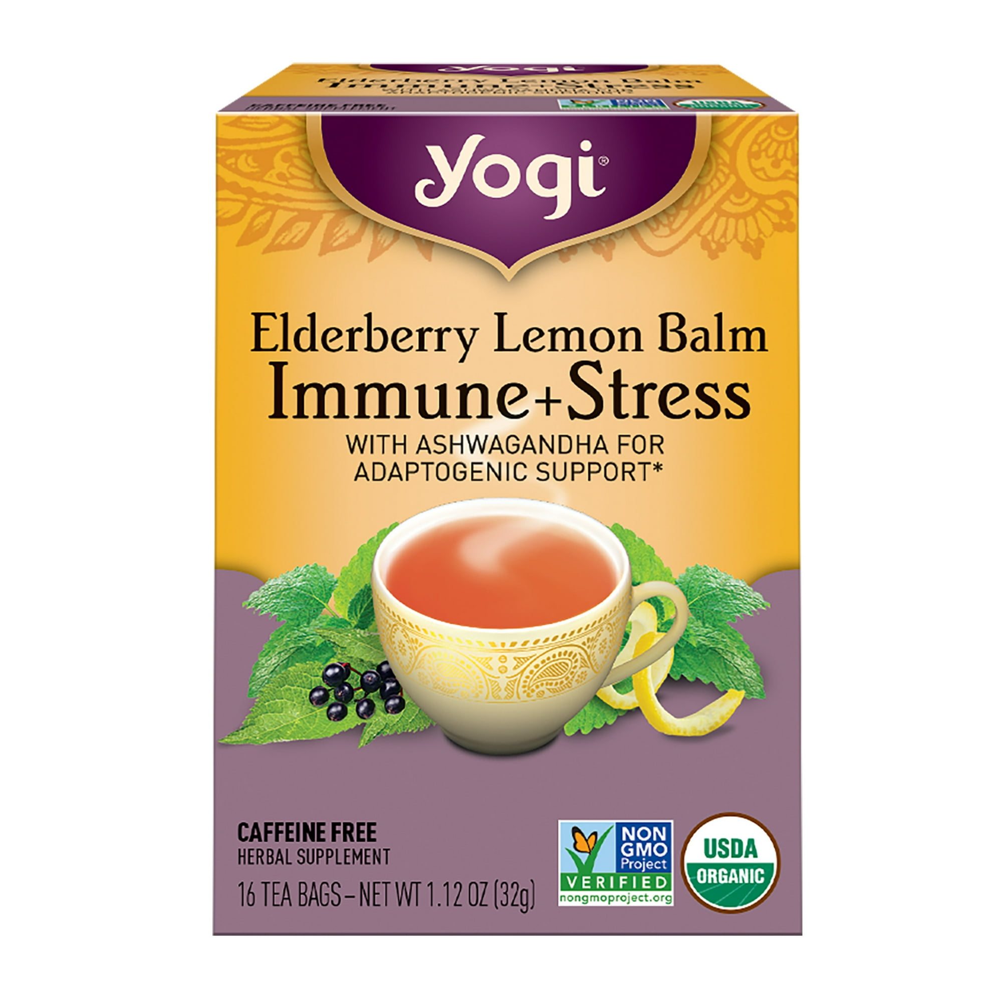 Yogi Elderberry Lemon Balm Immune Plus Stress, Organic Herbal Wellness Tea Bags, 16 Count