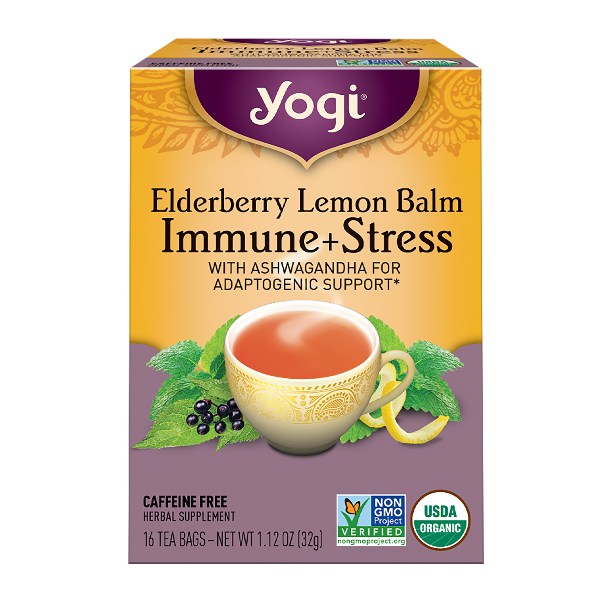 Yogi Elderberry Lemon Balm Immune Plus Stress, Organic Herbal Wellness Tea Bags, 16 Count
