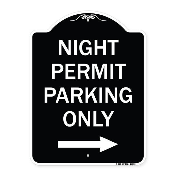 SignMission Designer Series Sign - Night Permit Parking Only (With Right Arrow) | Black & White 18" x 24" Heavy-Gauge Aluminum Architectural Sign | Made in the USA