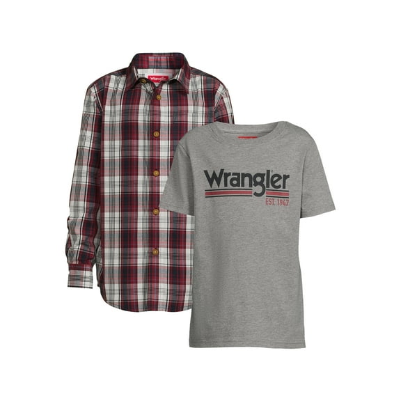 Wrangler Boys Long Sleeve Button-Up Shirt and Short Sleeve Graphic T-Shirt, 2-Pack, Sizes 4-18 & Husky