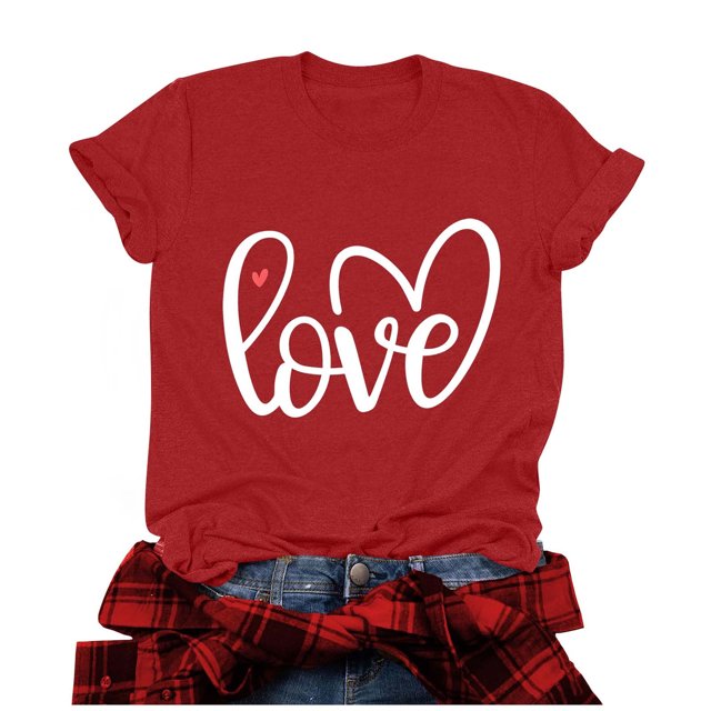 Penkiiy T-Shirts de la Saint-Valentin pour Femmes, T-Shirts Graphiques Imprimés, Mignons T-Shirts avec Cœur d'Amour, Manches Courtes Décontractées TG Rouge