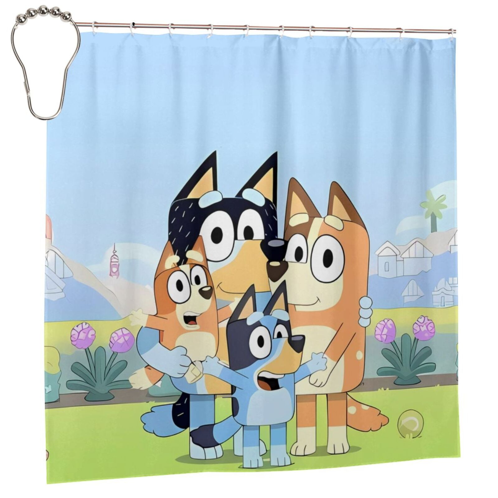 Poraui Bluey Print Shower Curtain Sets Waterproof Fabri Bathroom Decor with Hooks - 72 x 72 Inch