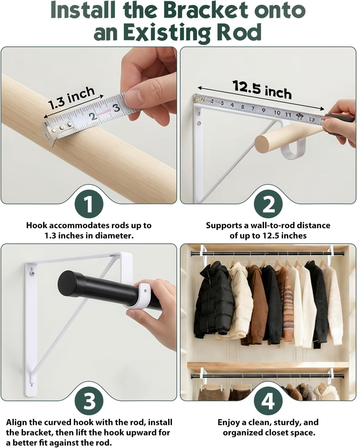 4 Pack Closet Rod Bracket, Heavy Duty Closet Rod Support with Rod Holder, Wall Mounted Closet Shelf Brackets with Triangle Stabilizing Design for Closet, Bathroom and Kitchen, White