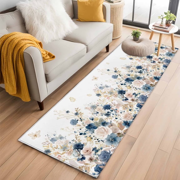 Navy Blue Spring Floral 2'x6' Runner Rugs for Hallway Kitchen Bedside Non Slip, Elegant Pastoral Flowers Watercolor Entryway Rug Runners with Rubber Backing, Long Carpet Runner for Laundry Room