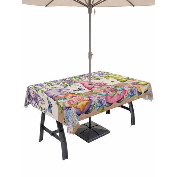 Outdoor Tablecloth with Umbrella Hole and Zipper, Blue Purple Gnomes Rectangle Table Cloth 54x80 Inch Waterproof Tablecloth, Spring Vintage Hydrangea Flower Leaf Picnic Table Cover for Patio Camping