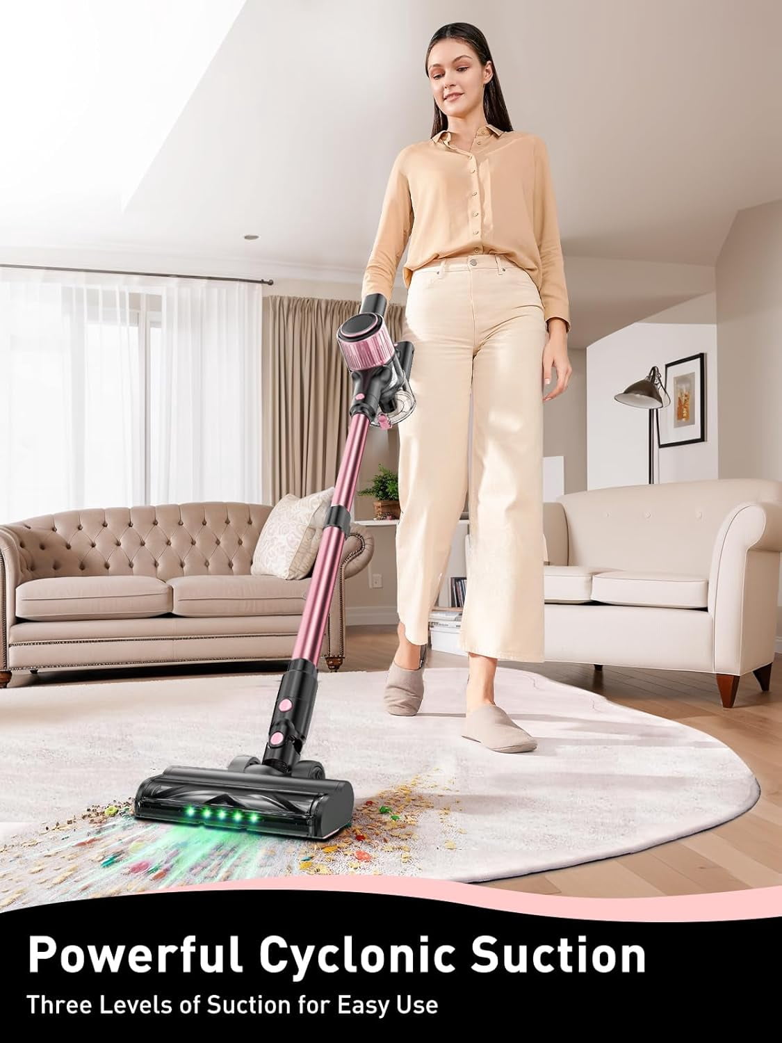 Cocbny Cordless Vacuum Cleaner, 8 in 1 Lightweight Stick Vacuum for Home Hardwood Floor Carpet Pet Hair, A27, Pink