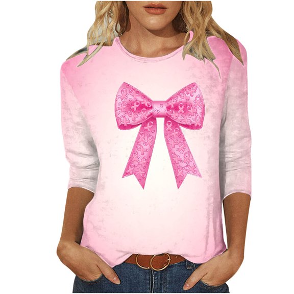 Vivianyo HD Women's 3/4 Sleeve Graphic Print Top, Straight Hem Crew Neck Pullover Blouse, Casual Tee for Charity Event and Daily Social Gathering, Sizes S-5XL