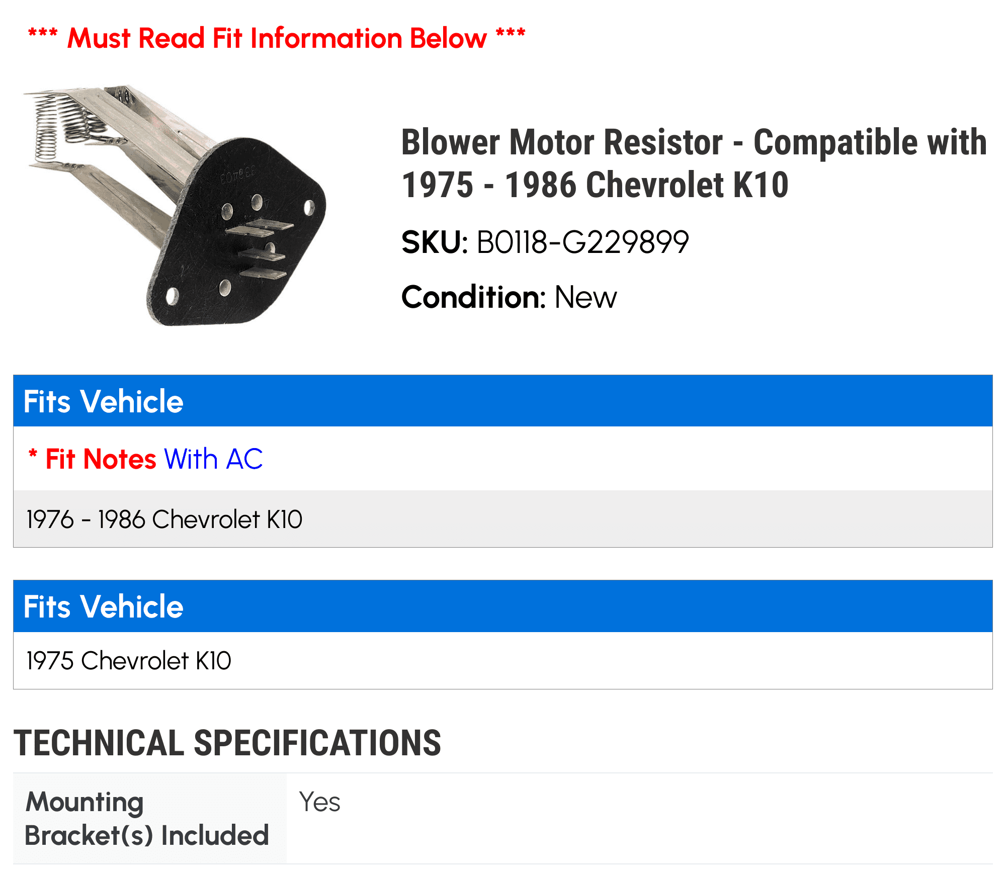 Blower Motor Resistor - Compatible with 1975 - 1986 Chevy K10 1976 1977 1978 1979 1980 1981 1982 1983 1984 1985