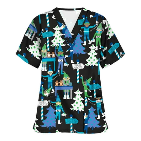 

TMOYZQ Plus Size Christmas Scrubs Tops for Women Casual Xmas Print Short Sleeve V Neck Professional Nursing Workwear Tunic Working Uniform Medical Blouse with Pockets