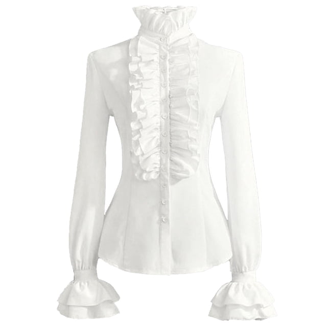 Womens Shirts Tops Long Sleeve With Punk Ruffles Fall Clothes for Women Tees Blouses White Size M