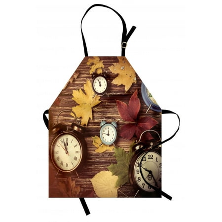 Stay Dry Bath Apron (Fall Apron Different Colored Dry Maple Leaves and Various Alarm Clocks on Wooden Planks Print, Unisex Kitchen Bib Apron with Adjustable Neck for Cooking Baking Gardening, Multicolor, by)